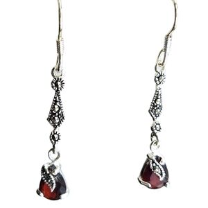 Genuine Marcasite Dangle Earrings Red Teardrop Fine Silver Plated VTG Look Vampy
